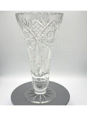 Vintage American Brilliant Cut Glass Trumpet Vase Hobstar 10"